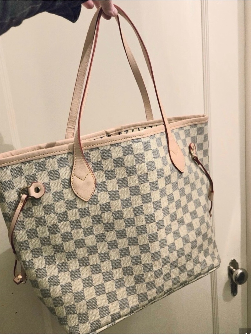 Canvas Checker Tote Bag in Light Gray and Cream